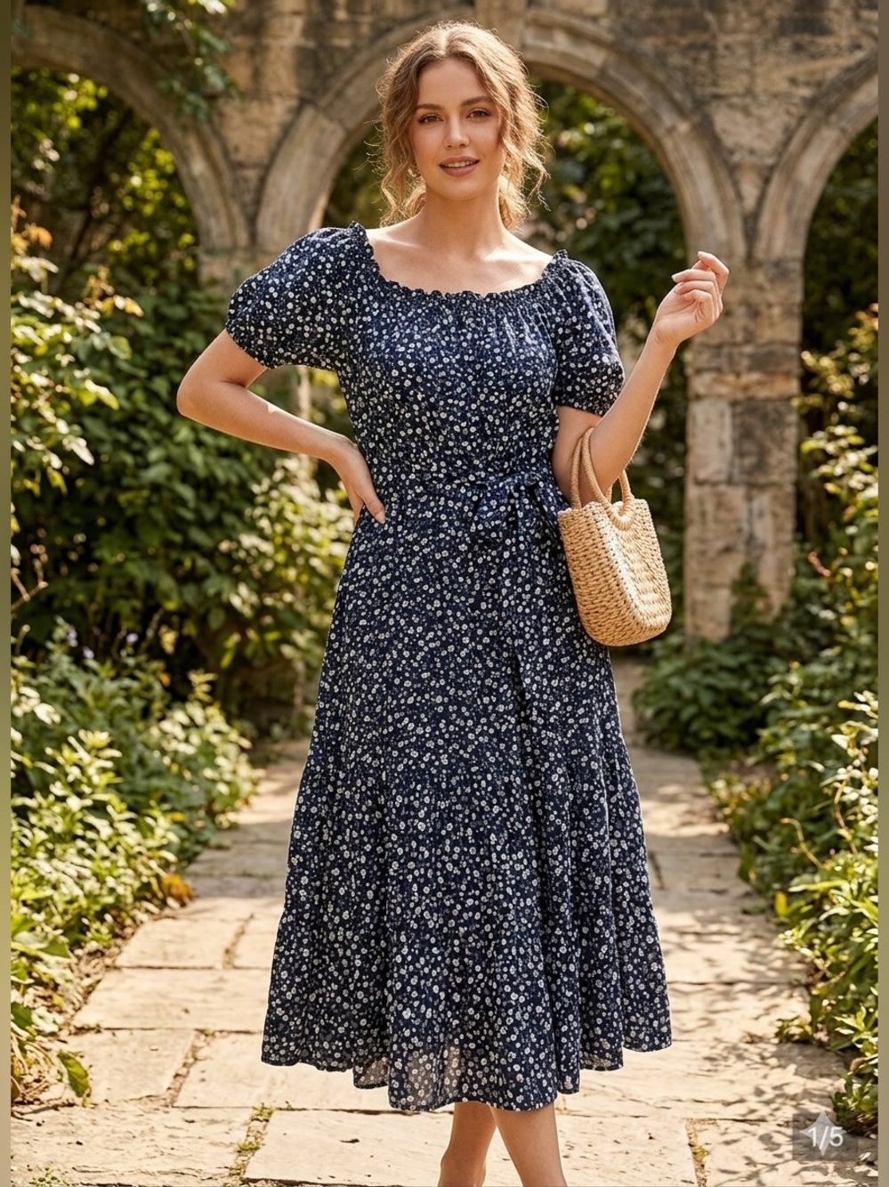 Women’s Soft Flowy‎ Navy Floral Off-Shoulder Tiered Maxi Dress with Belt Sz PLX